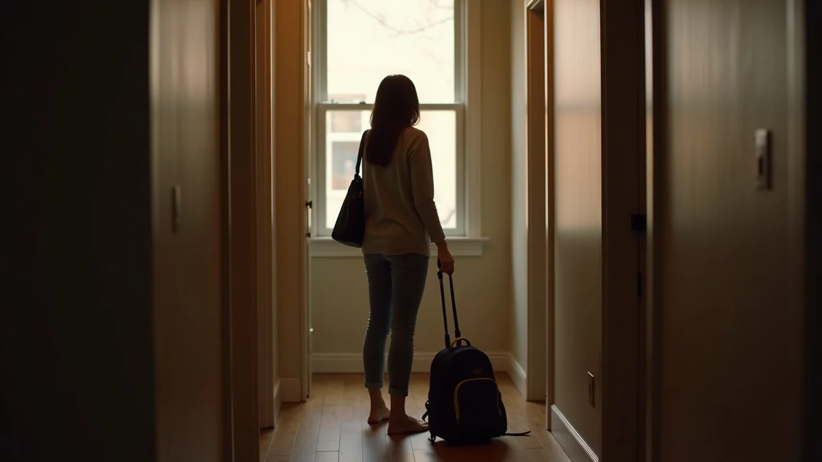 A recently divorced US adult pauses in a quiet apartment entryway with a work bag and a child’s backpack nearby