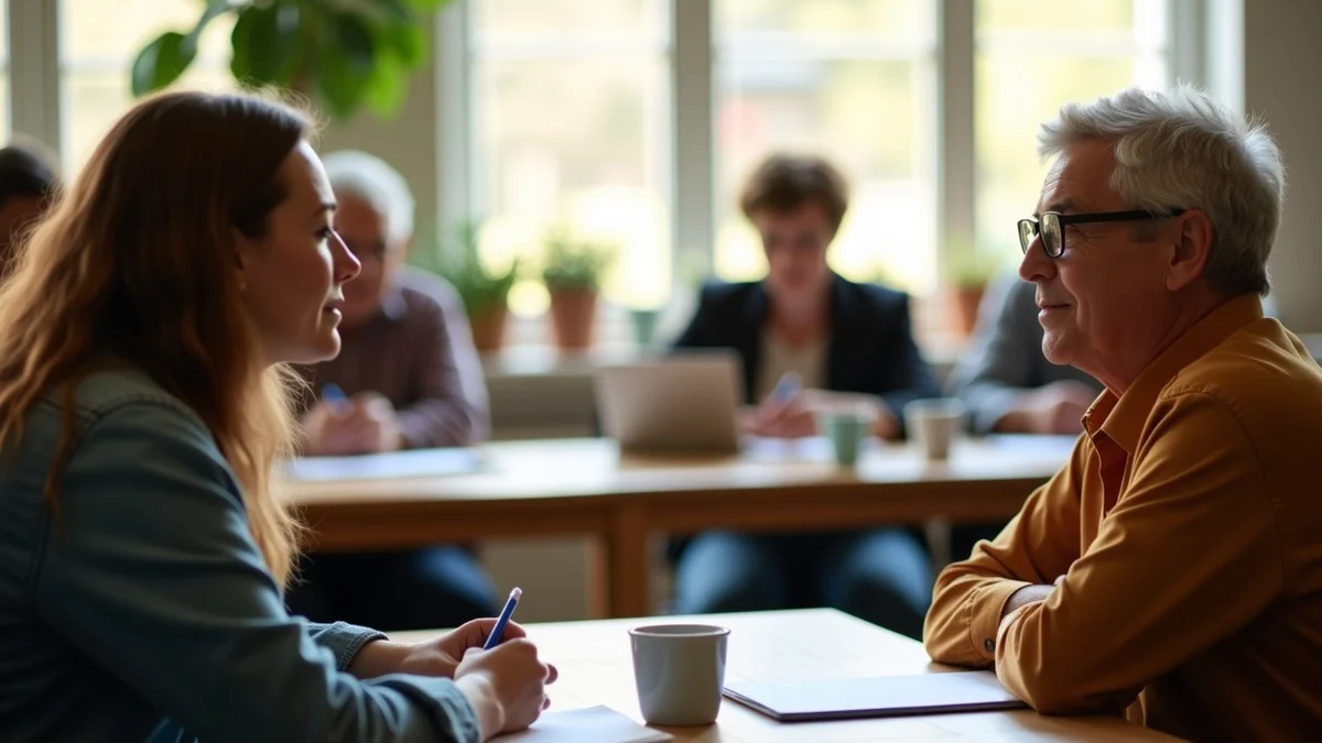 Two adults in their 40s talk calmly during a recurring neighborhood workshop while other participants work together in the background