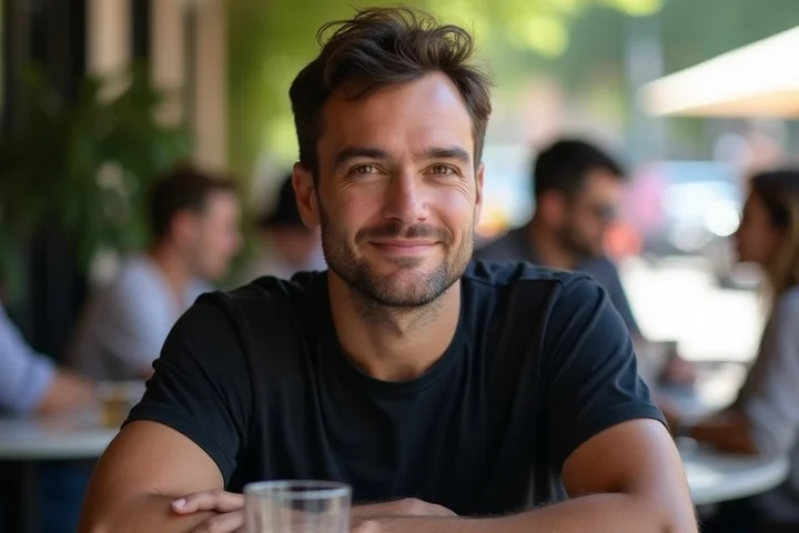 A single adult with an unobstructed, recognizable face sits at an outdoor cafe table during a casual social setting