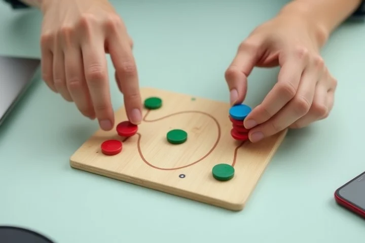 Hands move colored wooden tokens through a simple tabletop board with open lanes, a closed gate, and a small latch