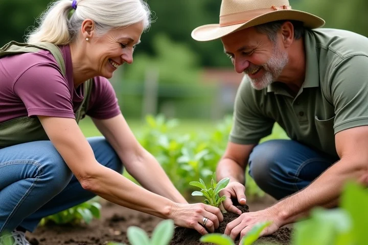 Two adults plant seedlings together in a shared community garden, exchanging an easy conversation while working side by side among raised beds