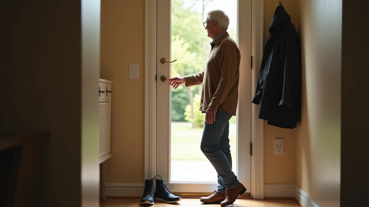 A middle-aged adult calmly sets one pair of walking shoes beside a coat in a tidy home entryway, then pauses with one hand near the open door