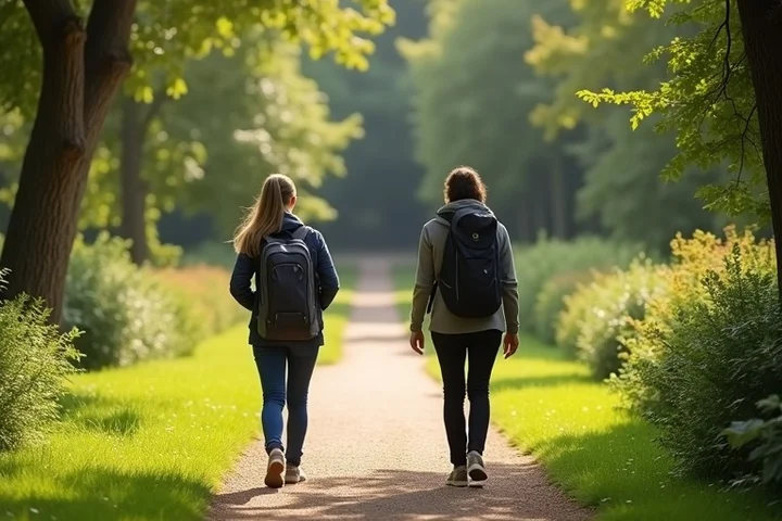 Two adults in their 30s or 40s pause beside a fork in a botanical garden path