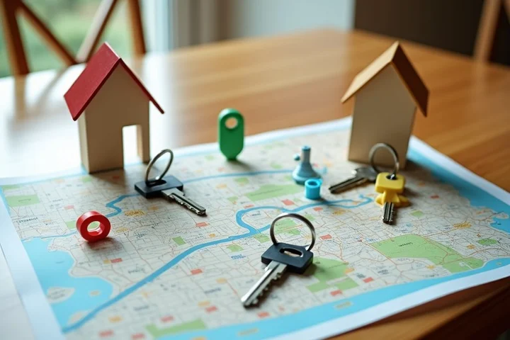 A still life of several house keys, colorful route markers, and two empty chairs arranged beside an abstract street map on a wooden table