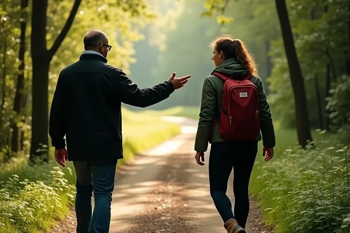 Two adults pause at a fork in a wooded walking trail, one making an open gesture toward a clear path while the other hesitates several steps behind