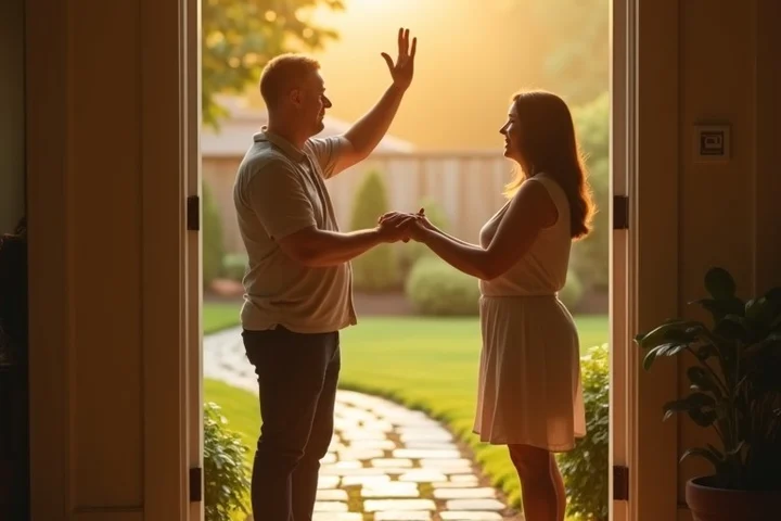 An adult calmly raises an open hand at the threshold of a sunlit home while another adult remains several steps away on a garden path